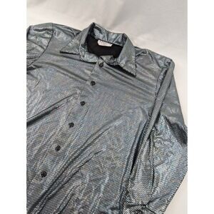 Vtg Charades Shirt L Button Up Long Sleeve Hologram Disco Party Shiny Rainbow